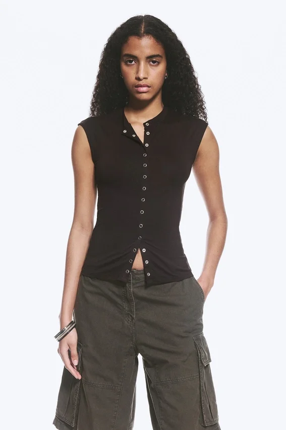 Sleeveless Button-Up Top – Dark Brown Sleeveless Button-Up Top – Dark Brown