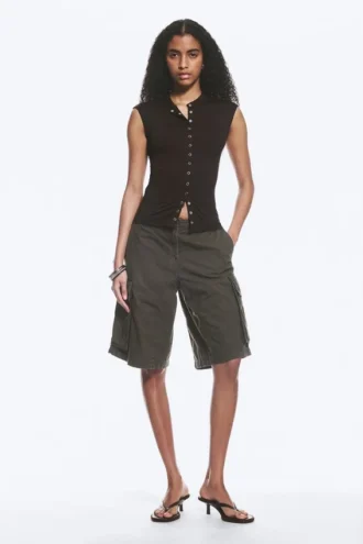 Sleeveless Button-Up Top – Dark Brown