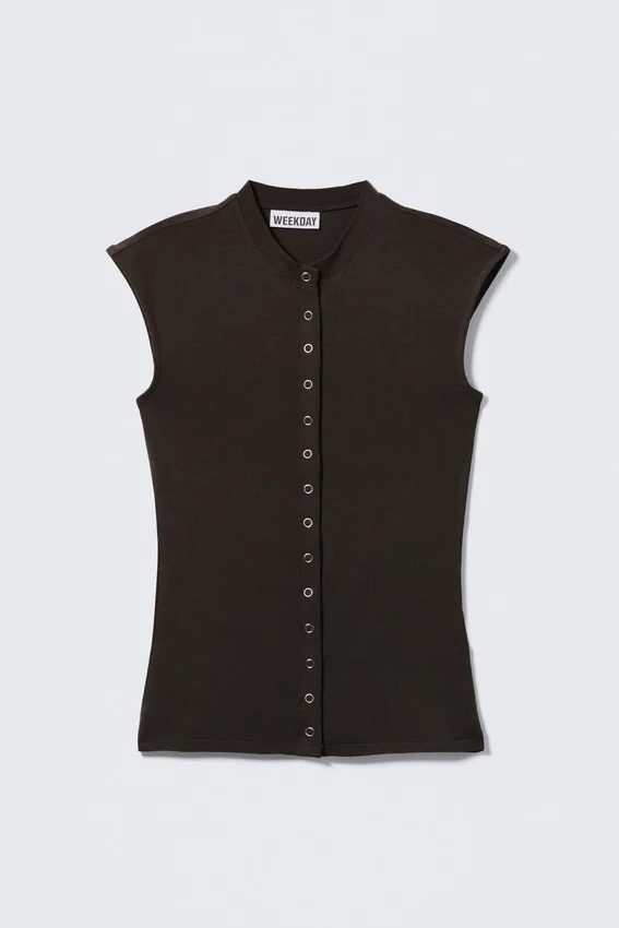 Sleeveless Button-Up Top – Dark Brown Sleeveless Button-Up Top – Dark Brown