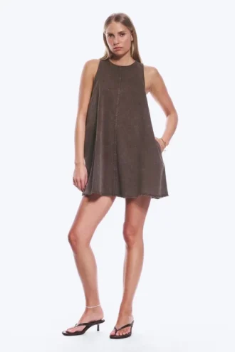 Sleeveless Cotton Twill Mini Dress – Washed Dark Brown