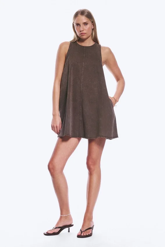Sleeveless Cotton Twill Mini Dress – Washed Dark Brown Sleeveless Cotton Twill Mini Dress – Washed Dark Brown