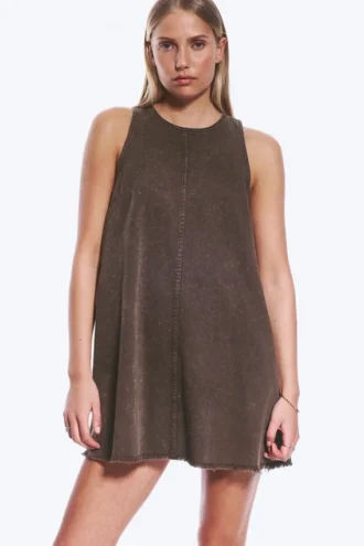 Sleeveless Cotton Twill Mini Dress – Washed Dark Brown