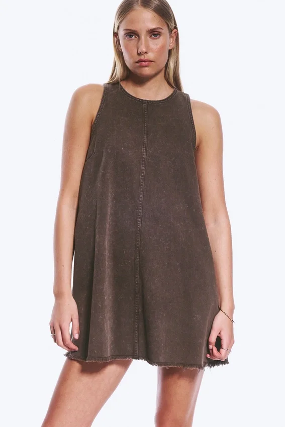Sleeveless Cotton Twill Mini Dress – Washed Dark Brown Sleeveless Cotton Twill Mini Dress – Washed Dark Brown