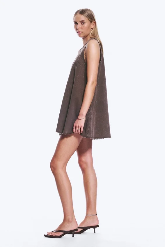 Sleeveless Cotton Twill Mini Dress – Washed Dark Brown Sleeveless Cotton Twill Mini Dress – Washed Dark Brown