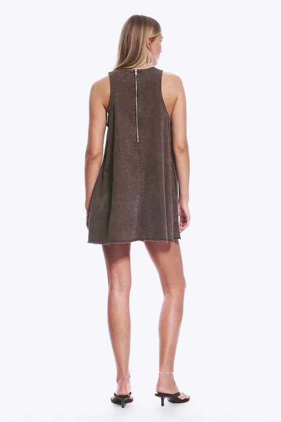 Sleeveless Cotton Twill Mini Dress – Washed Dark Brown Sleeveless Cotton Twill Mini Dress – Washed Dark Brown