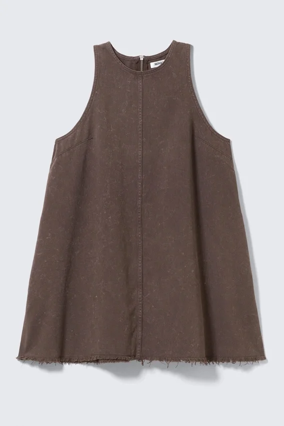 Sleeveless Cotton Twill Mini Dress – Washed Dark Brown Sleeveless Cotton Twill Mini Dress – Washed Dark Brown