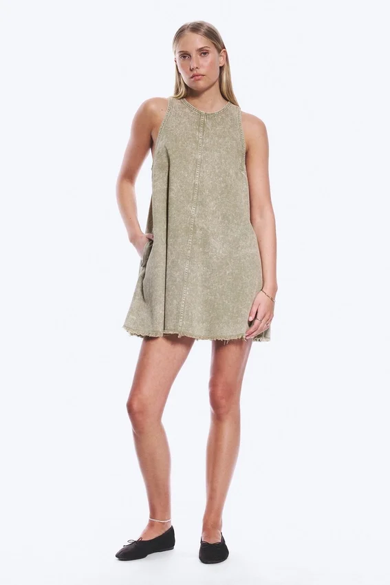 Sleeveless Cotton Twill Mini Dress – Washed Kahki Green Sleeveless Cotton Twill Mini Dress – Washed Kahki Green