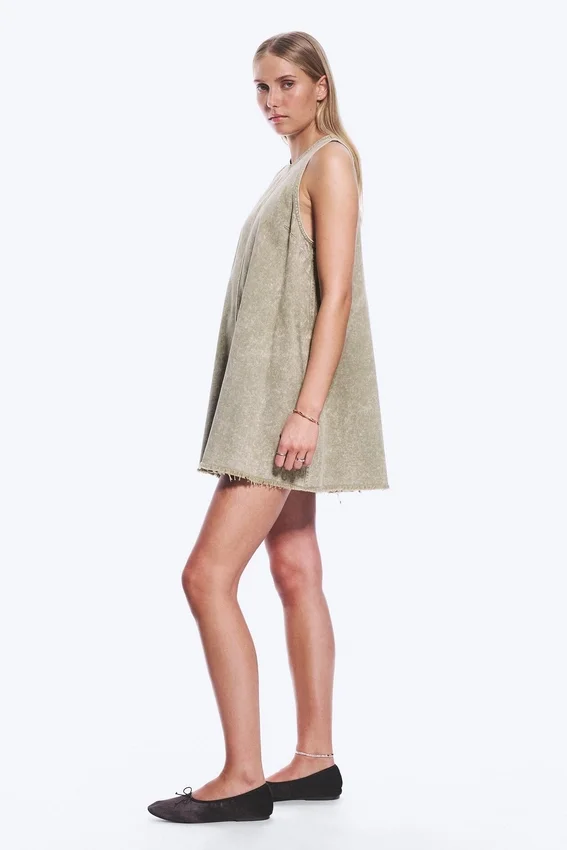 Sleeveless Cotton Twill Mini Dress – Washed Kahki Green Sleeveless Cotton Twill Mini Dress – Washed Kahki Green
