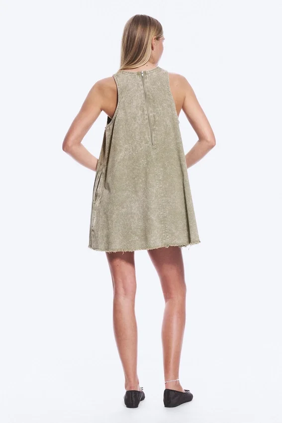 Sleeveless Cotton Twill Mini Dress – Washed Kahki Green Sleeveless Cotton Twill Mini Dress – Washed Kahki Green