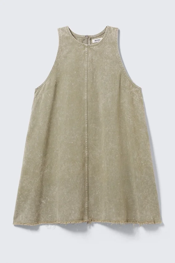 Sleeveless Cotton Twill Mini Dress – Washed Kahki Green Sleeveless Cotton Twill Mini Dress – Washed Kahki Green