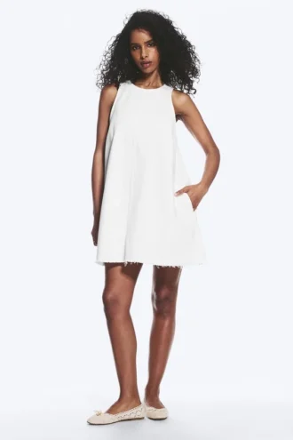 Sleeveless Cotton Twill Mini Dress – White Sleeveless Cotton Twill Mini Dress – White