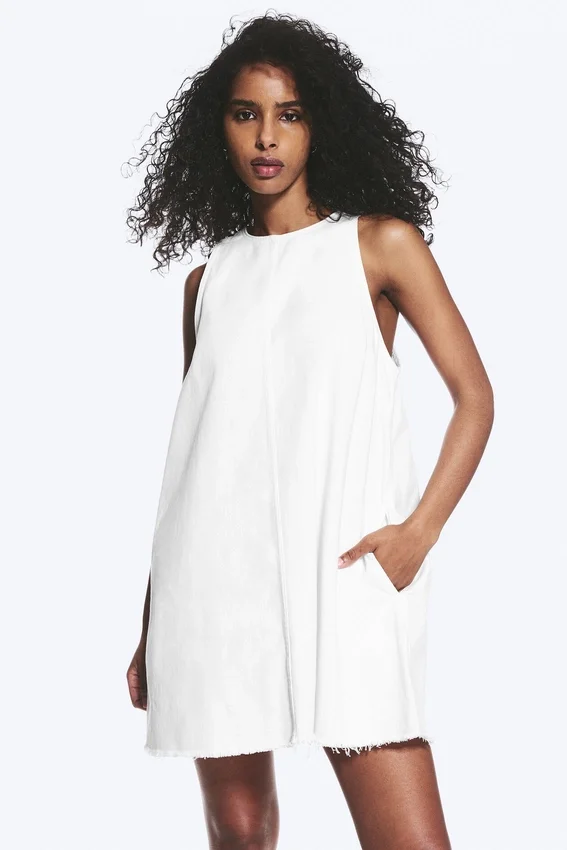 Sleeveless Cotton Twill Mini Dress – White Sleeveless Cotton Twill Mini Dress – White