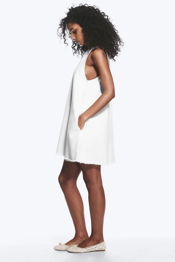 Sleeveless Cotton Twill Mini Dress – White Sleeveless Cotton Twill Mini Dress – White