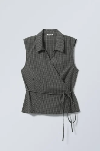 Sleeveless Cotton Wrap Top – Checked Black