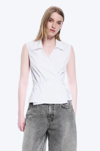 Sleeveless Cotton Wrap Top – White