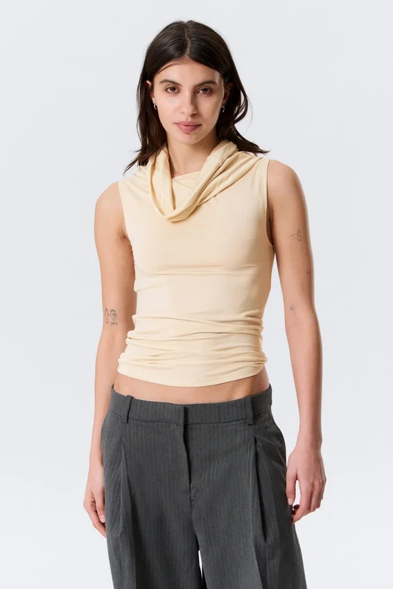 Sleeveless Funnel Neck Top – Light Beige Sleeveless Funnel Neck Top – Light Beige