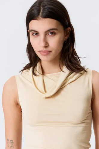 Sleeveless Funnel Neck Top – Light Beige