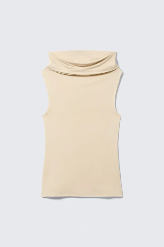 Sleeveless Funnel Neck Top – Light Beige Sleeveless Funnel Neck Top – Light Beige