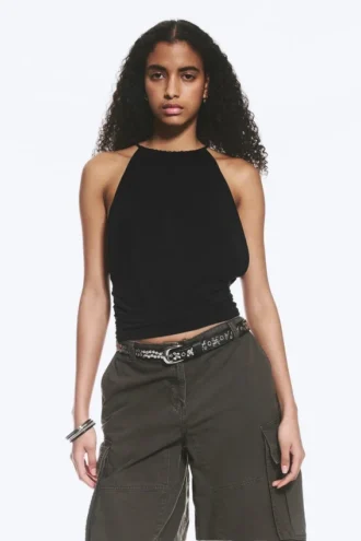 Sleeveless Gathered Halter Top – Black