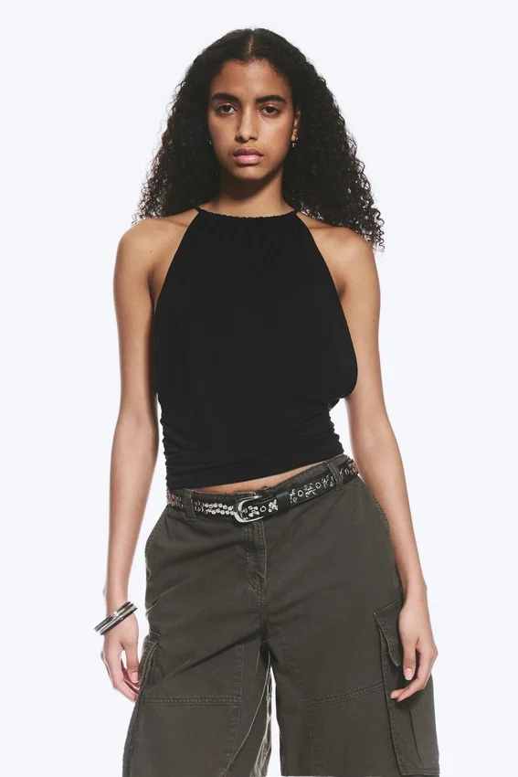 Sleeveless Gathered Halter Top – Black Sleeveless Gathered Halter Top – Black