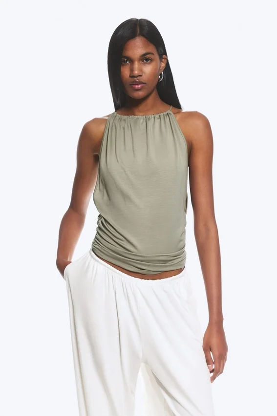 Sleeveless Gathered Halter Top – Dusty Khaki Green Sleeveless Gathered Halter Top – Dusty Khaki Green