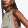 Sleeveless Gathered Halter Top – Dusty Khaki Green Sleeveless Gathered Halter Top – Dusty Khaki Green
