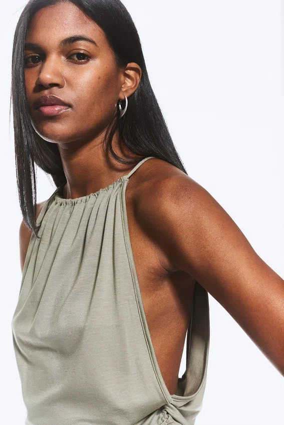 Sleeveless Gathered Halter Top – Dusty Khaki Green Sleeveless Gathered Halter Top – Dusty Khaki Green