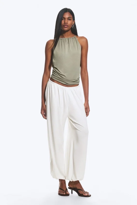 Sleeveless Gathered Halter Top – Dusty Khaki Green Sleeveless Gathered Halter Top – Dusty Khaki Green