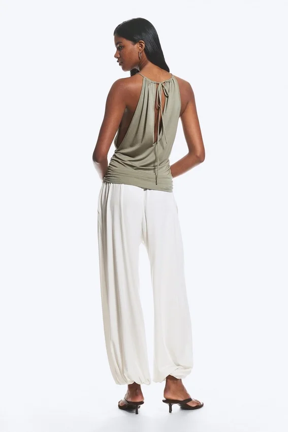 Sleeveless Gathered Halter Top – Dusty Khaki Green Sleeveless Gathered Halter Top – Dusty Khaki Green