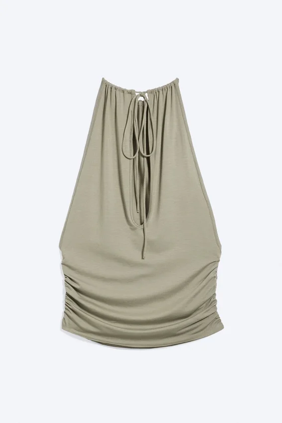 Sleeveless Gathered Halter Top – Dusty Khaki Green Sleeveless Gathered Halter Top – Dusty Khaki Green