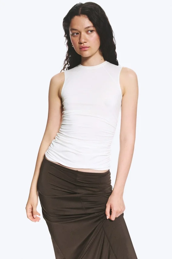 Sleeveless Gathered Jersey Top – White Sleeveless Gathered Jersey Top – White