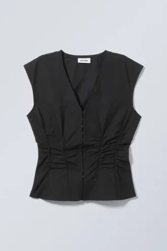 Sleeveless Gathered Poplin Top – Black