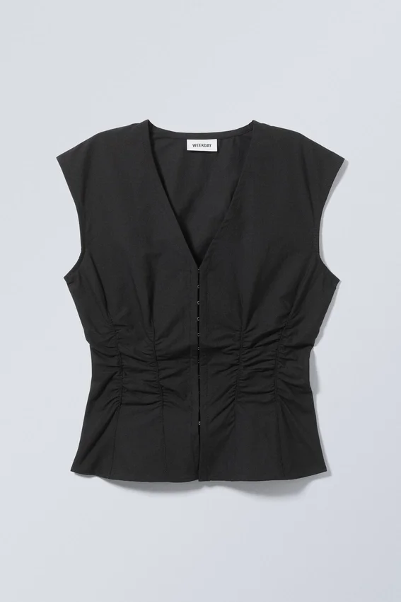 Sleeveless Gathered Poplin Top – Black Sleeveless Gathered Poplin Top – Black