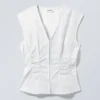 Sleeveless Gathered Poplin Top – Striped White Sleeveless Gathered Poplin Top – Striped White