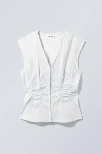 Sleeveless Gathered Poplin Top – Striped White