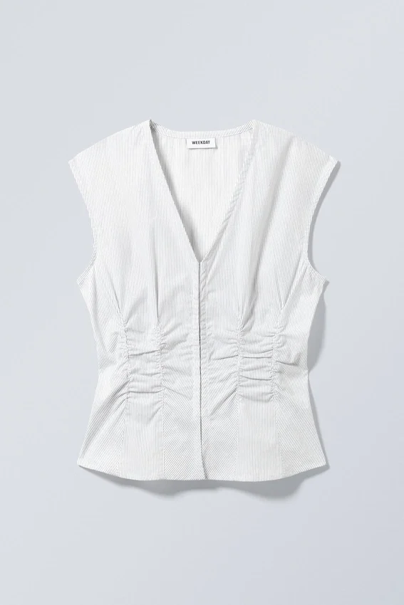Sleeveless Gathered Poplin Top – Striped White Sleeveless Gathered Poplin Top – Striped White