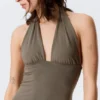 Sleeveless Halter Mini Dress – Dark Mole Sleeveless Halter Mini Dress – Dark Mole