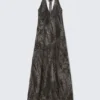 Sleeveless Halterneck Maxi Dress – Dark Grey – Crinkle Print Sleeveless Halterneck Maxi Dress – Dark Grey – Crinkle Print