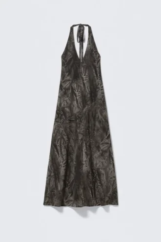 Sleeveless Halterneck Maxi Dress – Dark Grey – Crinkle Print