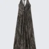 Sleeveless Halterneck Maxi Dress – Dark Grey – Crinkle Print Sleeveless Halterneck Maxi Dress – Dark Grey – Crinkle Print