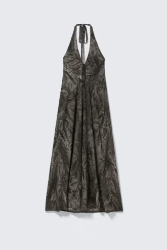 Sleeveless Halterneck Maxi Dress – Dark Grey – Crinkle Print