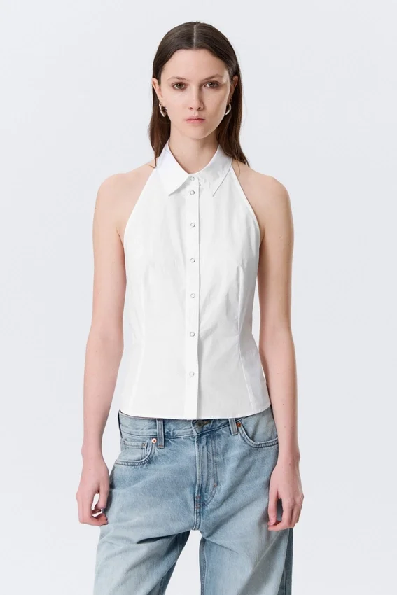 Sleeveless Halterneck Shirt Top – White Sleeveless Halterneck Shirt Top – White