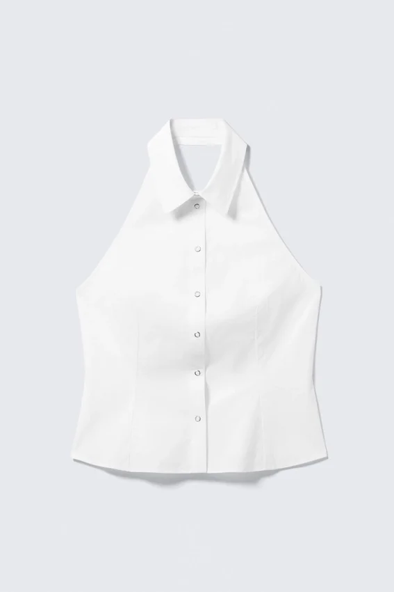 Sleeveless Halterneck Shirt Top – White Sleeveless Halterneck Shirt Top – White