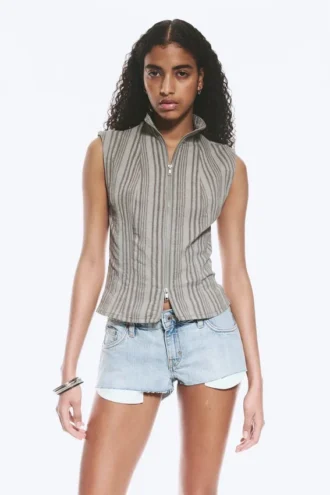 Sleeveless High‑Neck Zip Top – Dusty Grey