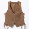 Sleeveless Lace-Up Denim Waistcoat – Washed Dark Brown