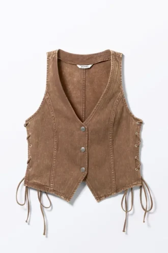 Sleeveless Lace-Up Denim Waistcoat – Washed Dark Brown