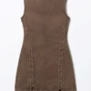 Sleeveless Lace-Up Mini Dress – Washed Dark Brown Sleeveless Lace-Up Mini Dress – Washed Dark Brown