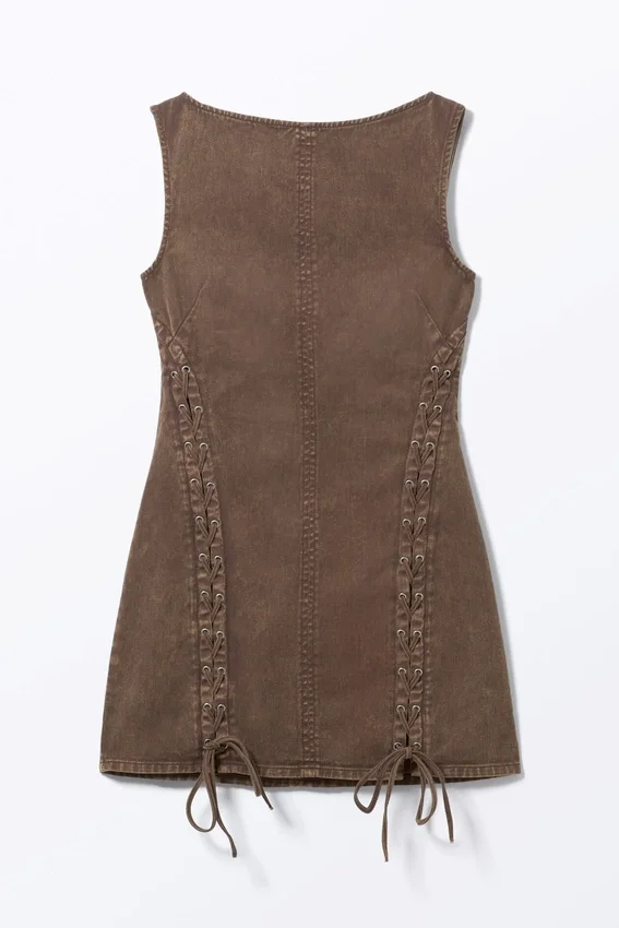 Sleeveless Lace-Up Mini Dress – Washed Dark Brown Sleeveless Lace-Up Mini Dress – Washed Dark Brown