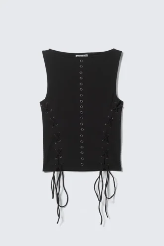 Sleeveless Lacing Boat-Neck Eyelet Top – Black