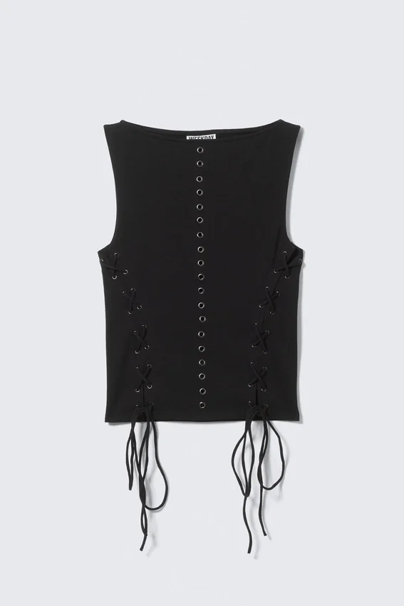 Sleeveless Lacing Boat-Neck Eyelet Top – Black Sleeveless Lacing Boat-Neck Eyelet Top – Black